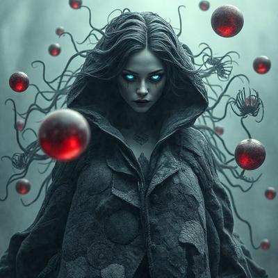 The primary subject of the image is a woman with long hair, wearing a black coat and a hood. She is surrounded by a variety of red balls, which are scattered throughout the scene. The setting appears to be a dark, possibly mystical or fantastical environment. The visual style of the image is digital art, with the woman and the red balls being the main focus of the composition. The overall atmosphere of the image is mysterious and intriguing, with the woman and the red balls creating a sense of wonder and en